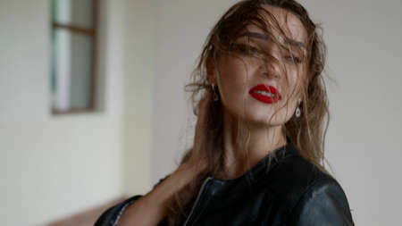 sexuality and sensuality of adult woman with blue eye and red lips, awesome chick