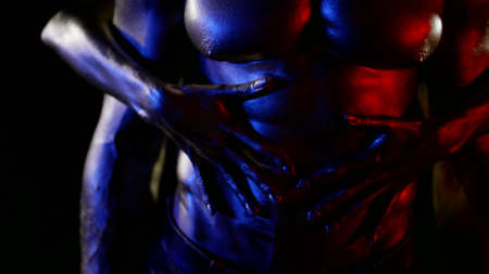 desire and excitement, closeup of sexy male body and female hands stroking himの写真素材