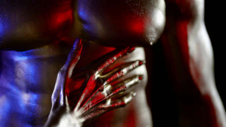 desire and pleasure, woman is caressing sexy washboard abs of attractive manの写真素材