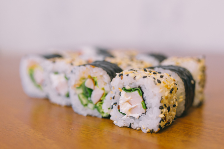 Closeup of sushi rolls with vegetable fillingの写真素材