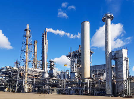 Large-capacity workshop for the production of ammonia of a petrochemical plant. Exterior of tube furnace, Shaft converter, CO2 adsorber with copy spaceの写真素材