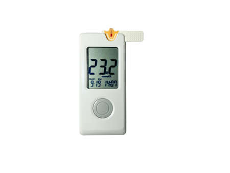 Measurement of blood sugar using a Bionime glucose meter. Dangerously high sugar. Hyperglycemia.