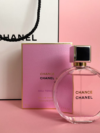 Grodno, Belarus - 02.22.2022: Chanel EAU Tendre perfume on a delicate pink isolated backgroundのeditorial素材