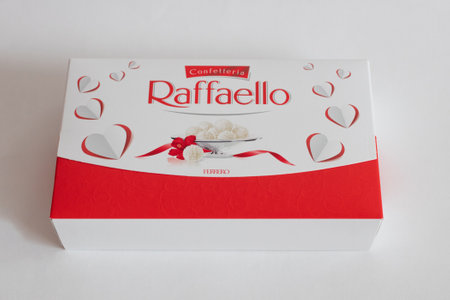 Poznan, Poland - 03.28.2022: Raffaello gift candies close-up on a white isolated backgroundのeditorial素材