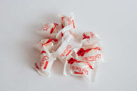 Poznan, Poland - 03.28.2022: Raffaello gift candies close-up on a white isolated backgroundのeditorial素材