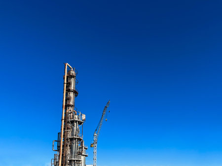 The main distillation column of oil and petroleum products in close-up with copyspaceの写真素材