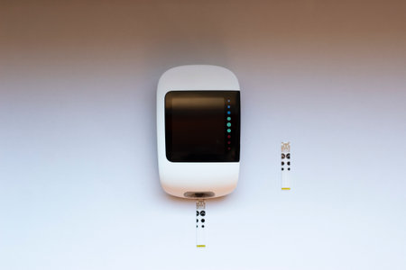Glucose meter device for measuring blood sugar with test strips on an isolated background