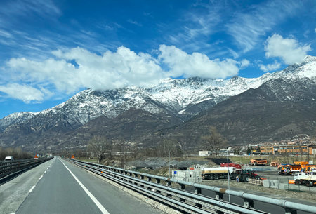 View of the snow-capped mountains in Villar Focchiardo, Italyの写真素材