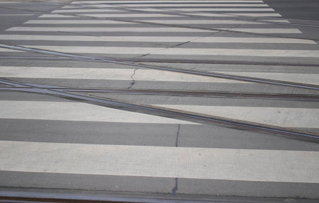 City tram tracks close-up in the city of Poznan, Poland