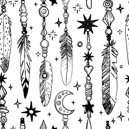 seamless pattern. bohemian feather, star, moon for textile wrapping wallpaper fabricのイラスト素材