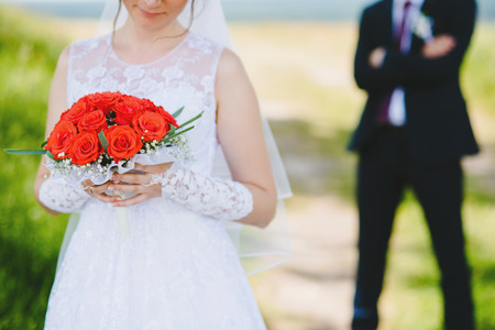 Wedding day close up bride bouquet.の写真素材