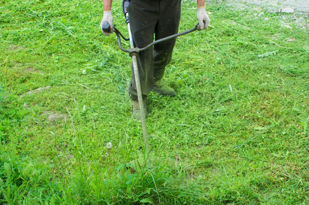 Man looks after a grass. Worker cuts off a grass a lawn-mower.