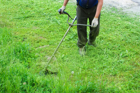 Worker cuts off a grass a lawn-mower