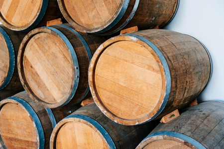 Wine old cask outdoor. Wine cellar with barrels for wine.の写真素材