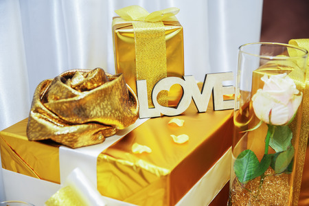 Wedding decoration gold style. Details on the wedding day.の写真素材