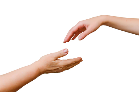 Adult and young female hands one above the otherの写真素材