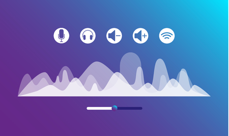 Voice assistant, microphone and sound wave talk. Equalizer of sound waves. Future ai, cyber technology. Vector illustration.のイラスト素材