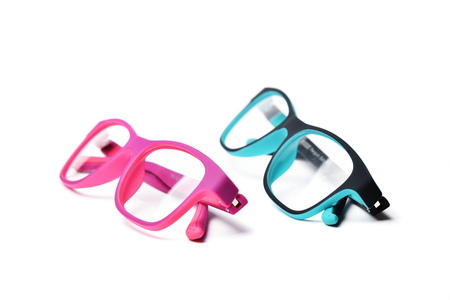 Stylish, trendy, modern kids eyeglasses rim on white background in studio.の写真素材