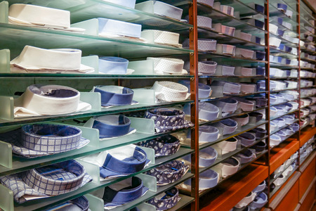 Showcase of men's shirts in the store
