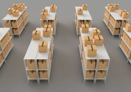 Warehouse with shelves, racks and boxes, above view 3d render.