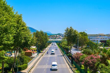 City traffic, road with cars, view from the overpass pedestrian crossing.の写真素材