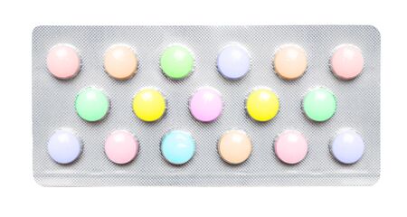 Blister packs color pills top view. White multicolored drug blister packaging.