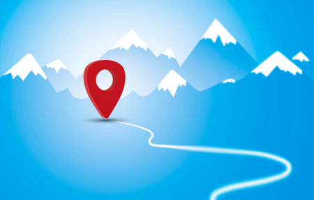 Red navigation marker on road in the mountains illustration. Planning a route in the mountains. Reaching the goal concept. Red pointer location on a mountain landscape background.の写真素材
