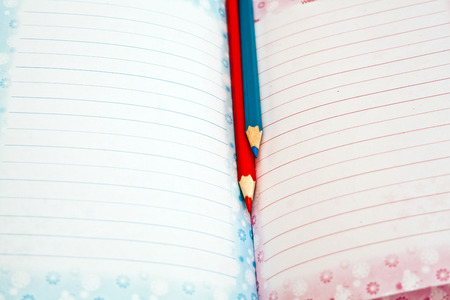 Blue and red pencil in the middle of the notebook.