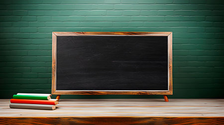 Black colored rubbed out dirty chalkboard in wooden frame stands on desk in class room. Generated AIの素材