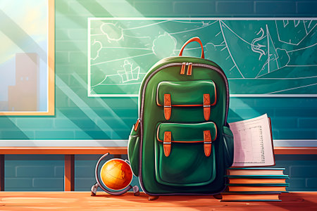 Green schoolbag and books stack on desk in classroom. Generated AIの素材