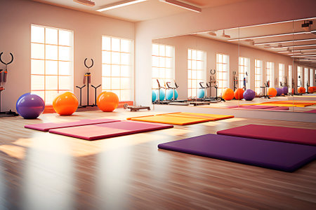Interior of empty yoga gymnasium gym with wooden floor and with fit balls generated AIの素材