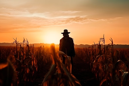 Black silhouette of halloween scarecrow standing on rural agricultural field. Generative AIの素材
