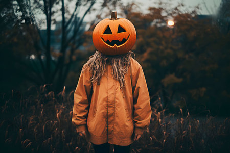 Female person with pumpkin head poses at urban park in halloween. Generative AIの素材