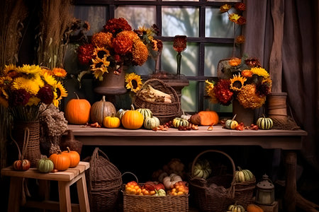 Rustic room is decorated in vintage style with pumpkins and autumn flowers for Halloween and Thanksgiving. Generative AIの素材