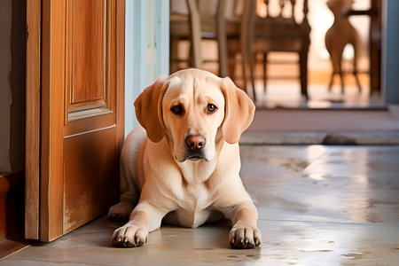Beige labrador puppy dog lying on wooden floor next door and waiting for owner. Generative AI.の素材