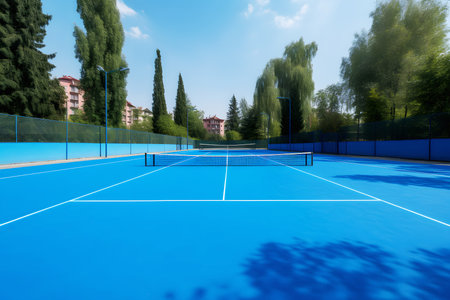 Empty blue color hard tennis court outdoor low angle view. Generative AI.の素材