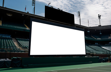 Big scoreboard with white blank place for mockup in stadium. Generative AI.の素材