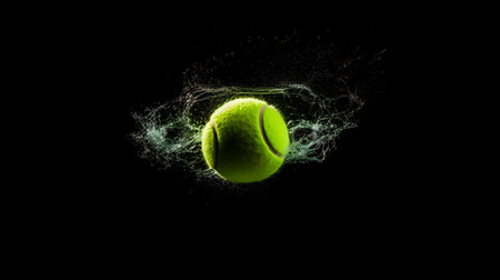 Freeze shot of tennis ball containing green powder in motion isolated on black background. Generative AI.の素材