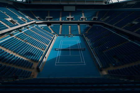 Stadium with blue hard tennis court and empty tribunes before start of tournament. Generative AI.の素材