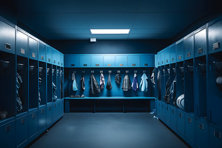 Sports equipment in blue empty locker room low angle photo. Generative AI.の素材