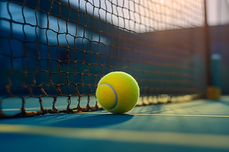 Yellow tennis ball on hard court surface near tennis net on sunny morning close up. Generative AI.の素材
