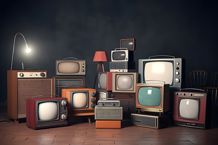 Group of retro tv set stacked on wooden floor in store room. Generative AI.の素材