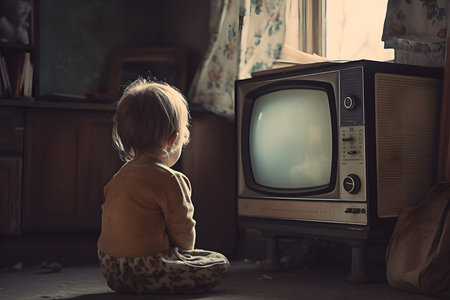 Small baby seated before retro tv screen on floor at home indoor. Generative AI.の素材