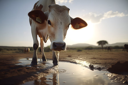 Domestic chipped brown and white cow drinking water from puddle on pasture on sunny day. Animal thirst concept.の素材