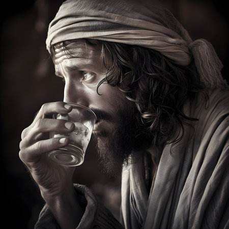 Stately arab middle aged man quenches thirst with glass of cool water side view.の素材