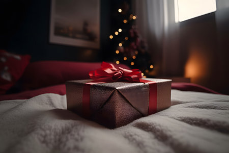 Gift box tied with red tape on the bed in the bedroom before Christmas or New Year.の素材