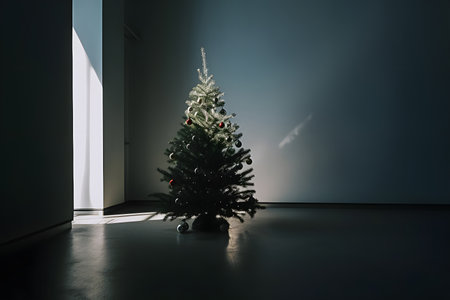 A decorated Christmas tree stands on the floor in an empty dark room lit by light from a doorway.の素材
