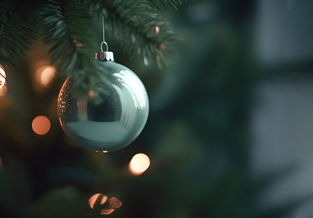 Glass toy ball hanging on the Christmas tree paw close up. Concept of Christmas and New Year holiday.の素材
