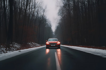 Red car with front light headlights is driving down an asphalt country road through woods in winter.の素材