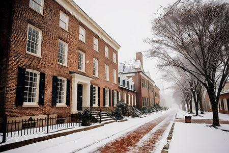 Red brick house facade on urban street in wintertime. Cityscape with snow and buildings.の素材